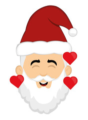Vector illustration of the face of a cartoon santa claus in love and surrounded by hearts