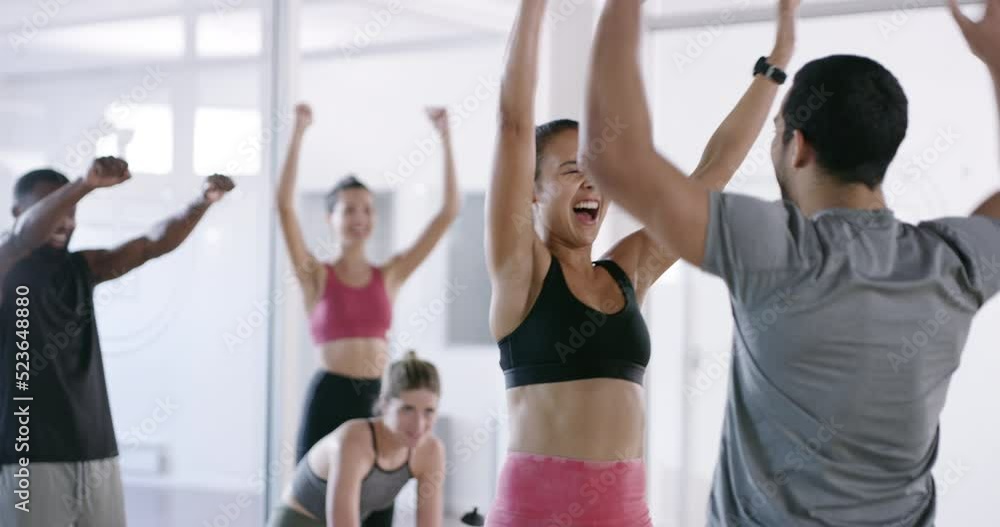 Canvas Prints Fit and excited people giving high five during workout, celebrating fitness goal and cheering in support at a gym. Active, happy and sporty friends doing exercise, training and expressing passion