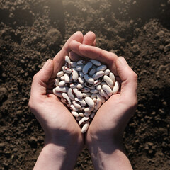 Palms full of bean on a background of black earth. The concept of harvest, sowing company or agriculture. Global food crisis.