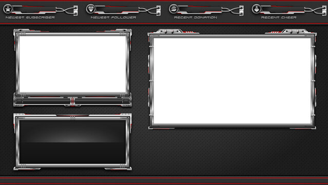 Dark Tech Overlay For Streamers. Hi-Tech Look And Feel Features Area For Recent Events, Web Cam, Chat Box, And Desktop Views.