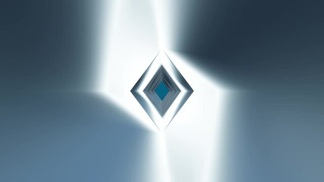 Abstract animation suitable for placing your own text. A blue rhomb surrounded by a metallic silver 3D shape is getting closer and farther away.