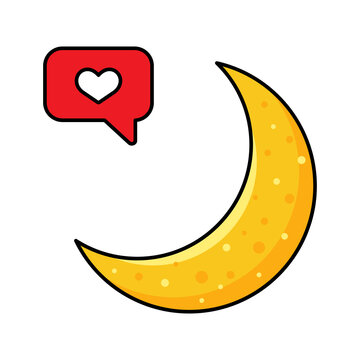 An image of a yellow moon and a red love message with a heart. Vector illustration.