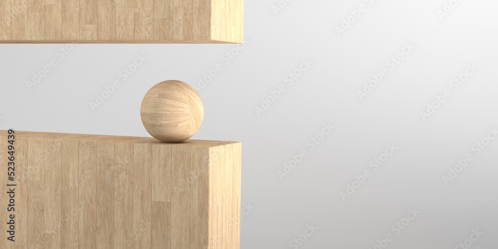 Poster 3d render of abstract spheres and blocks with wooden texture