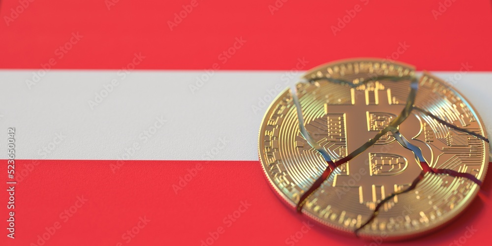 Poster flag of austria and destroyed bitcoin. cryptocurrency ban or restrictions related 3d rendering