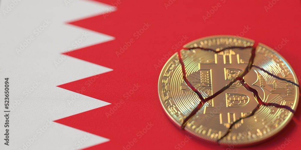 Poster flag of bahrain and destroyed bitcoin. cryptocurrency ban or restrictions related 3d rendering