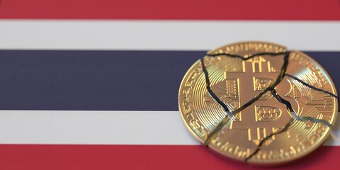 Fototapeta na wymiar Flag of Thailand and broken bitcoin. Cryptocurrency ban or crypto legal issues concepts, 3d rendering