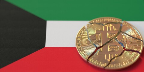 Flag of Kuwait and broken bitcoin. Cryptocurrency ban or crypto legal issues concepts, 3d rendering