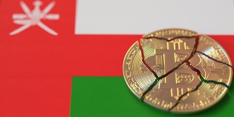 Fototapeta na wymiar Flag of Oman and broken bitcoin. Cryptocurrency ban or crypto legal issues concepts, 3d rendering