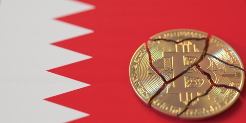 Flag of Bahrain and destroyed bitcoin. Cryptocurrency ban or restrictions related 3d rendering