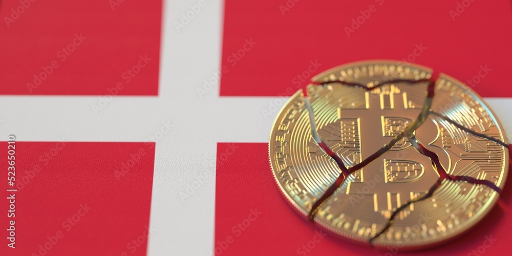 Poster flag of denmark and destroyed bitcoin. cryptocurrency ban or restrictions related 3d rendering