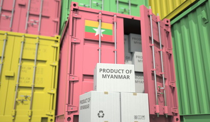 Cardboard boxes with goods from Myanmar and cargo containers. Industry and logistics related conceptual 3D rendering