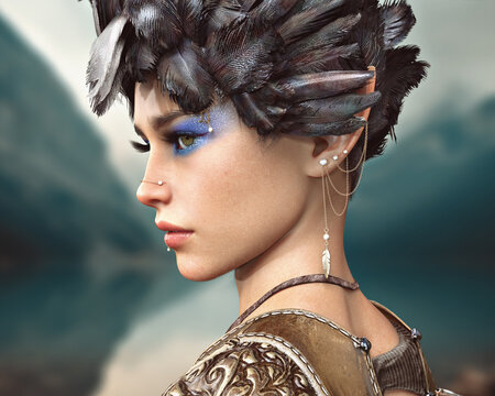 Profile portrait of a fantasy female elf wearing decorative jewelry with piercings and a feathered headdress . 3d rendering
