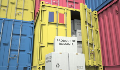 Cargo containers and boxes with products from Romania. National industry related conceptual 3D rendering