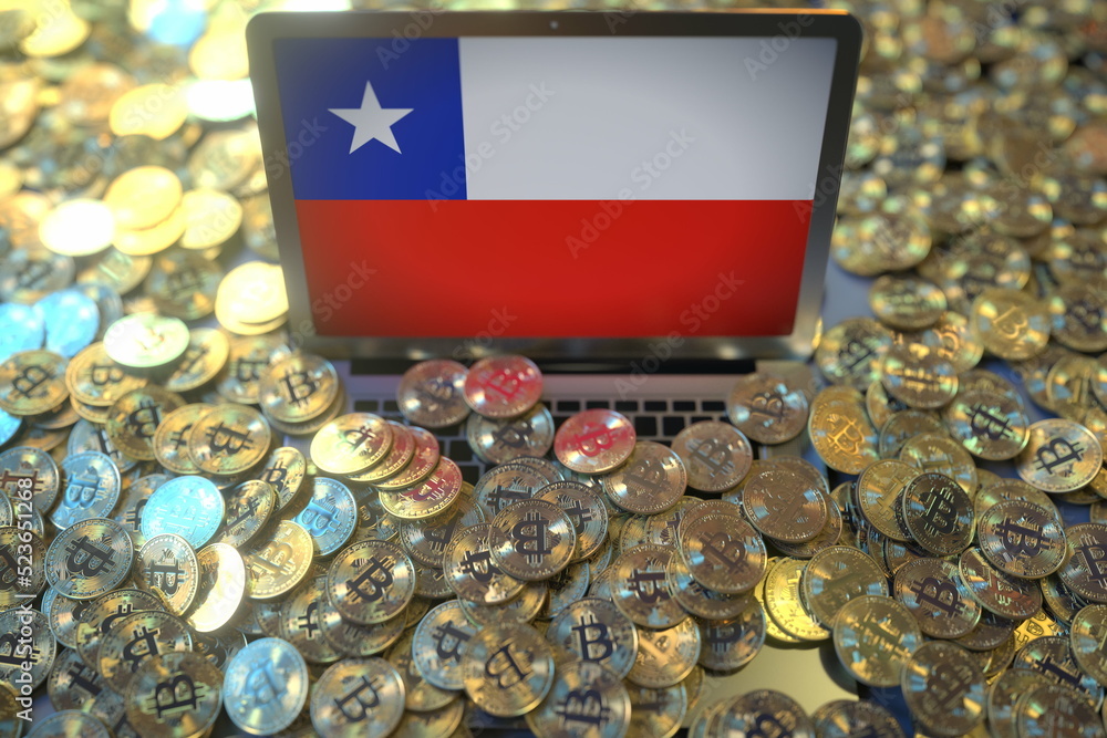 Aufkleber computer with flag of chile and pile of bitcoins. national regulations and cryptocurrency mining con