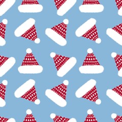 Obraz premium Winter Christmas seamless cartoon Santa hat pattern for kids wrapping paper and new year clothes print and fabrics