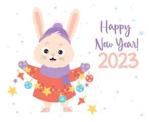 Greeting card Happy New Year 2023. Cute winter bunny with Christmas garland on white background with snowflakes. 2023 Year of the Rabbit according to Eastern calendar. Vector illustration