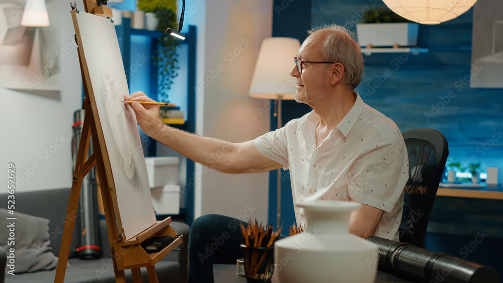 Poster old person using artistic skills to draw masterpiece of vase, creating professional artwork sketch w