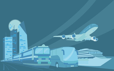 Vector illustration of passenger plane, cruise ship, train and passenger bus. Background on transport and transport. The city and the full moon in the background.