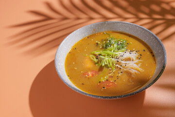 tom yum soup on an orange background with a shadow from a palm tree, top view space for text, modern style