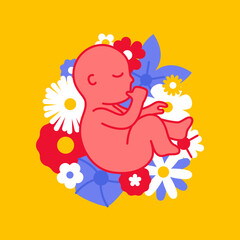 Cute newborn baby is lying in flowers vector illustration