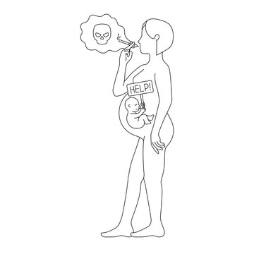 Pregnant female smokes a cigarette, and a baby inside her belly holds a sign that says help outline style vector illustration