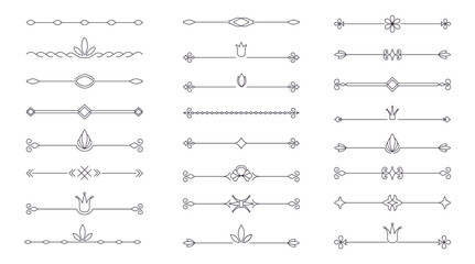 Dividers decor set. Collection of classic vintage separators. Vector black linear text dividers on a white background. Outlines label a set of border elements.