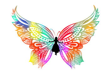 Fototapeta na wymiar Multicolored butterfly fairy girl silhouette. Vector illustration