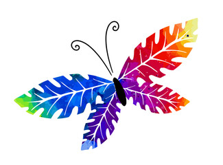 Fototapeta na wymiar Rainbow watercolor butterfly. Multicolour logo, icon and t-shirt print. Vector illustration