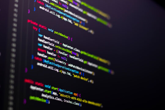 Code background. Android application programming code with Java language coding is on the screen.