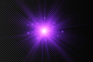 Fototapeta premium Glow bright light star, purple sun rays, sunshine.
