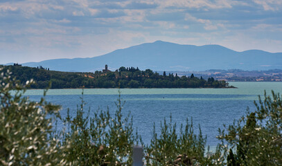Lake Trasimeno from Monte del Lago with Isola Polvese in the background, italy
