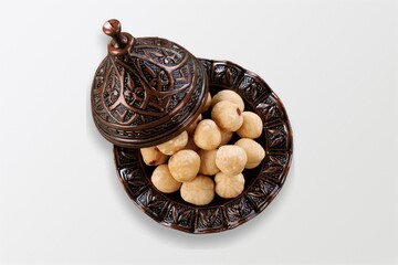 Fototapeta na wymiar Pile of roasted nuts. Shelled kernels. Package design element