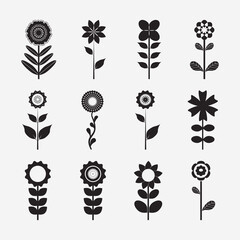 Set of Black Flowers and Leafs on white background Vector Illustration