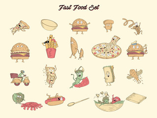Divertidos personajes de la comida rápida: hamburguesas, papas a la francesa, pizzas y más.