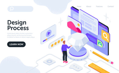 Scene for creation of quality design. Young man works in program and creates beautiful perfect diamond. Metaphor for creative process. Template for landing page. Cartoon isometric vector illustration