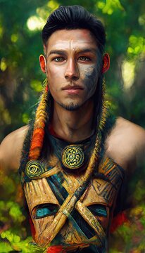 Portrait of an Aztec men against a background of nature. Aztecs in traditional Aztec clothing. Perfect for phone wallpaper or for posters.