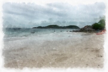 landscape of sea and rocky beach watercolor style illustration impressionist painting.
