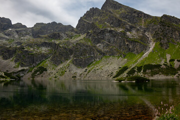 Fototapeta na wymiar Czarny Staw lake on a hiking trail towards Zawrat mountain pass from Murowaniec Mountain Hut in July, Tatry mountains, Poland