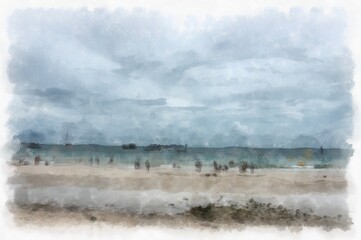 landscape of sea and rocky beach watercolor style illustration impressionist painting.