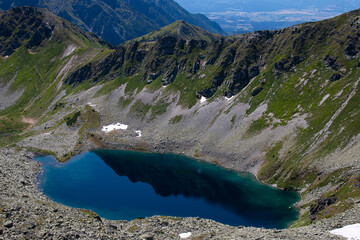 Zadni Staw Polski lake in the valley of five lakes, the view from Zawrat mountain pass, Tatry, Poland