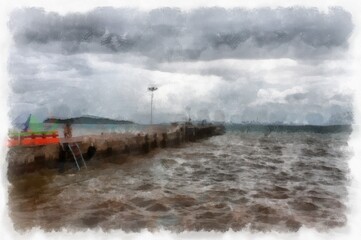 Seascape and fishing villages watercolor style illustration impressionist painting.