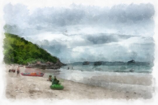 landscape of sea and rocky beach watercolor style illustration impressionist painting.