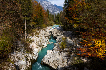 Beautiful Turquoise Coldred Soca River in Trenta Valley Slovenia