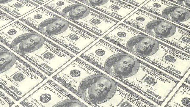 dollar bills background, printing one hundred dollars. Can be used to represent printing money inflation, crisis, federal reserve or central bank economy