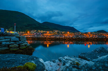 Night panoramic view of beautiful city Orsta, Norway