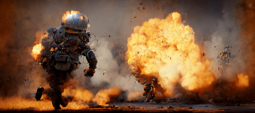 futuristic soldier running away from giant explosion Digital Art Illustration Painting Hyper Realistic