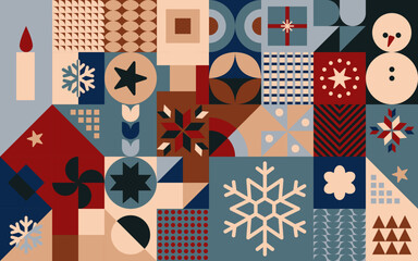 Wesołych Świąt! Geometryczna świąteczna kompozycja - mozaika z gwiazdkami i i płatkami śniegu na Boże Narodzenie. Powtarzający się wzór w stylu neo geo do zastosowania jako tło do projektów. - obrazy, fototapety, plakaty