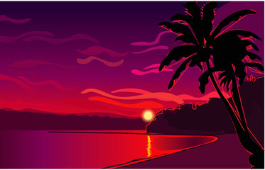Sunset Ocean Tropical landscape panorama. Seashore beach, sun, exotic silhouettes palms, coastline, clouds, sky, summer vacation. Vector illustration cartoon style