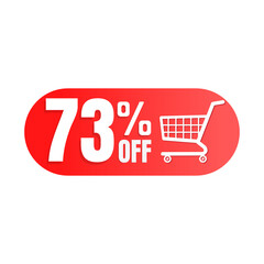 73% off, shopping cart icon, Super discount sale, design in 3D red vector illustration. Seventy-three 