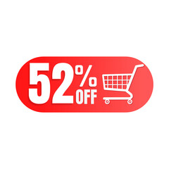 52% off, shopping cart icon, Super discount sale, design in 3D red vector illustration. Fifty two 